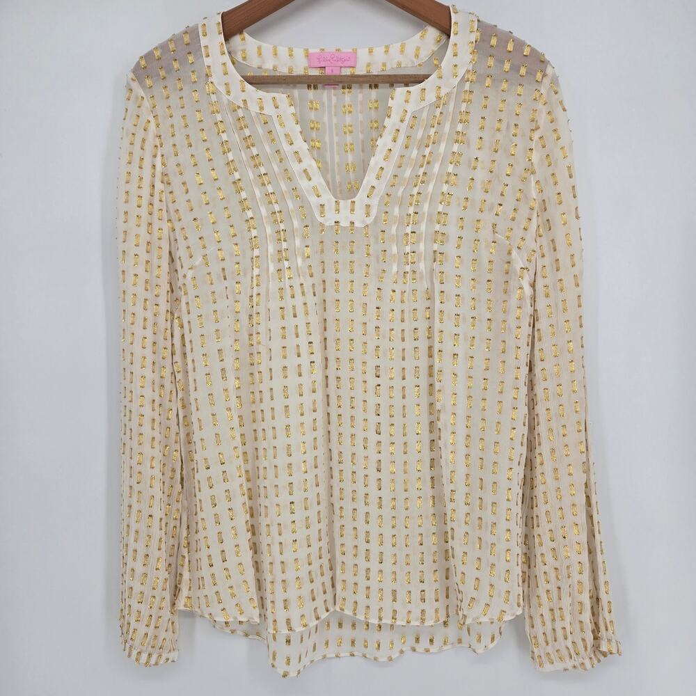 Lilly Pulitzer Silk Metallic Blouse – Women’s S Cream Gold Embellished